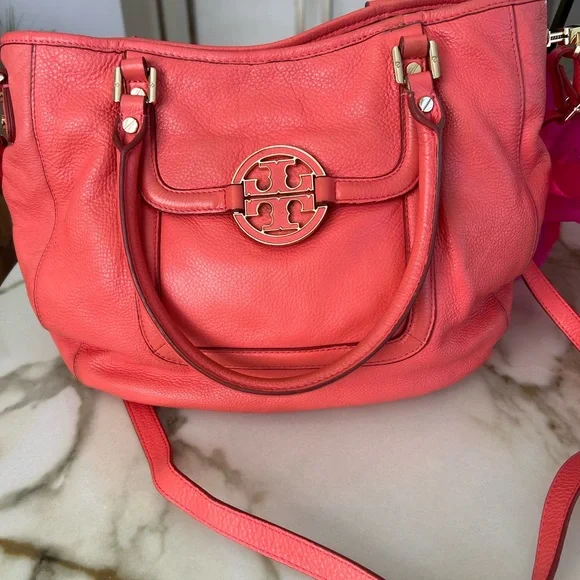 Tory Burch Amanda Double Zip Vibrant Coral ALL LEATHER Satchel - Picture 4 of 10